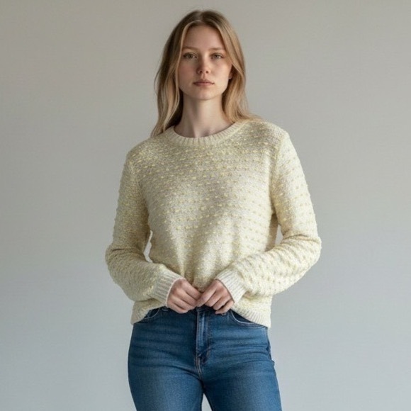 T/O Sweaters Sweaters - Popcorn Knit Sweater Womens Small Cream Yellow Back Zip High‎ Low Pullover